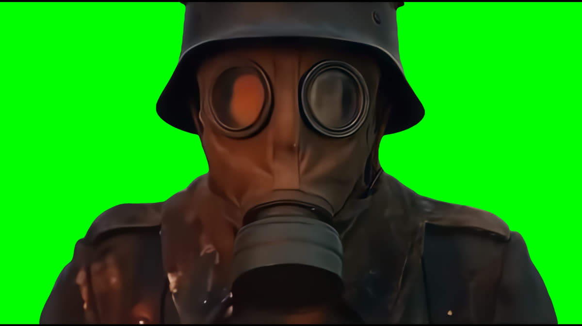 AI Man in Gas Mask Running Behind Exploding Car meme (Green Screen)