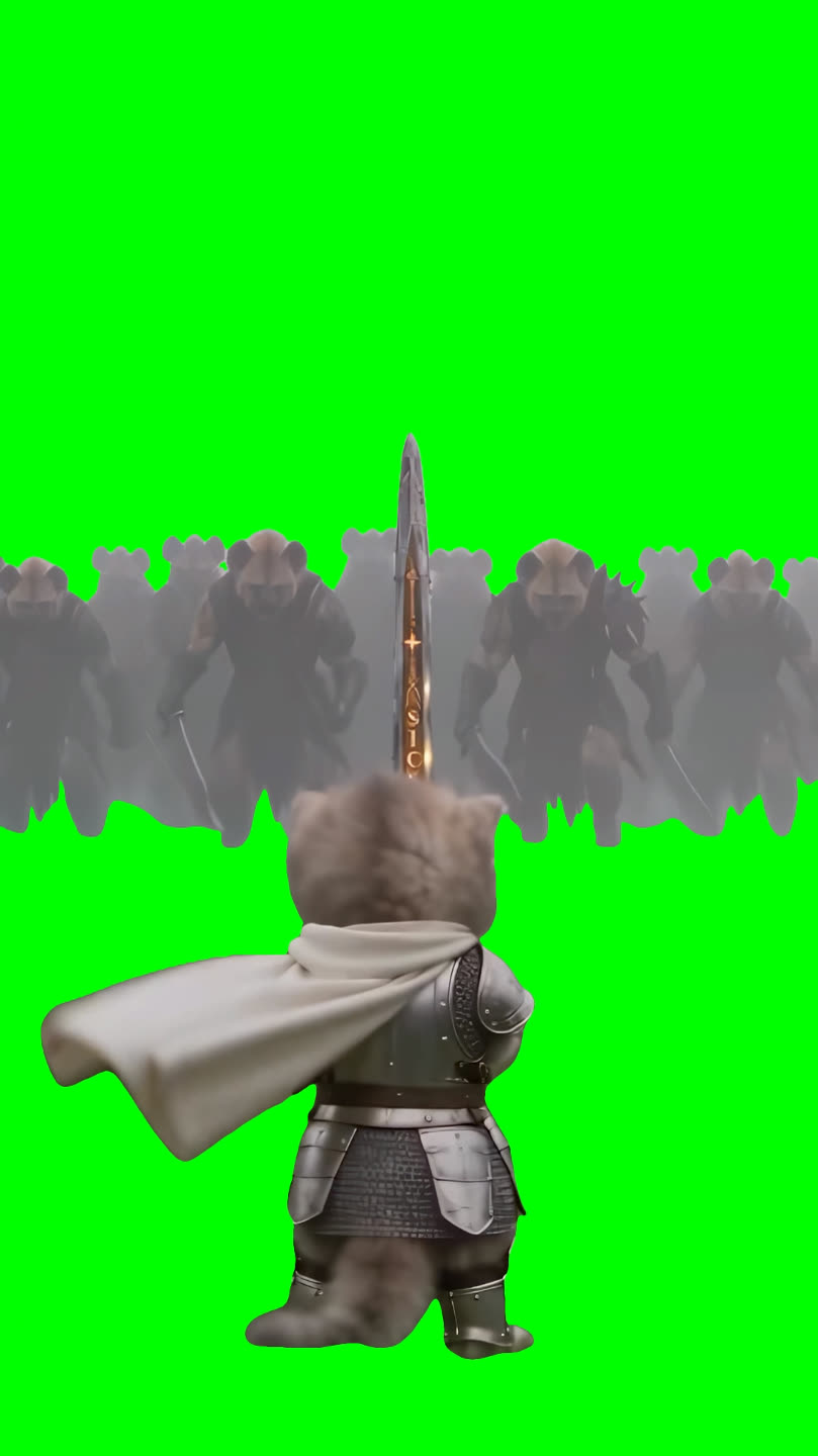 Kitten Wearing Armor and Holding Sword meme V2 (Green Screen)